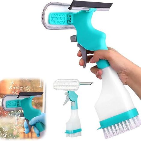 Sollbry 2 pièces Outil de Nettoyage de Vitres,Tampon de Récurage 4 en 1,Outil de Nettoyage de Vitres avec Flacon Pulvérisateur,Chiffon D'essuyage,Raclette (1/5)