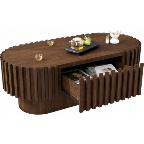 Table basse ovale 100 × 50 × 35,5 cm avec tiroir, finition décorative à lamelles verticales, table robuste en bois pour salon, charge max. 20 kg, coloris noyer (1/5)