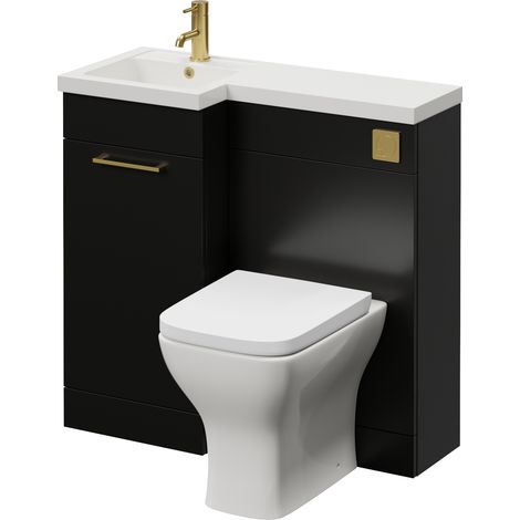 Napoli 390 Matt Black 900mm Single Door Vanity Unit Toilet Suite with Left Hand Square Lucia Basin - 900mm - Brushed Brass 160mm HandleWith Kingston Toilet Pan and Seat