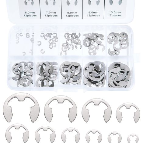 E-Clip en Acier Inoxydable, 120 Pcs Bague de Retenue Externe Snap Kit, M1,5-M10 Assortiment Circlip avec Boîte de Rangement, pour la Rainure de l'arbre de la Machine (1/5)
