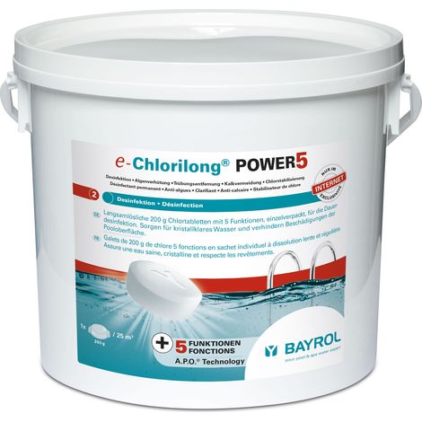 Bayrol – Désinfectant chloré de piscine 5 fonctions – Galets à dissolution lente 5kg – Prévention algues et calcaire – Stabilisé contre UV