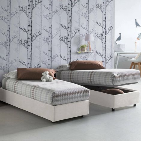 Talamo Italia Einzelbett Caterina, Containerbett mit Stoffbespannung, 100% Made in Italy, Frontöffnung, passend für Matratze Cm 80x200, Weiß (1/3)