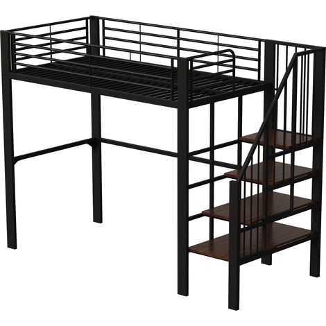 Lit mezzanine 90 x 200, structure métallique stable avec grand espace de rangement sous le lit et escalier, idéal pour enfants et adultes, lit de rangement pour une efficacité maximale de l’espace (1/5)