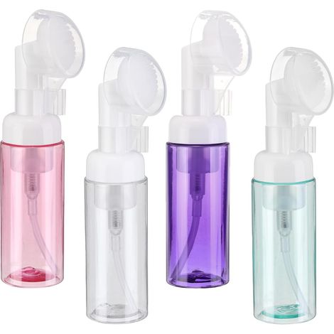 4Pcs Distributeur de Savon en Mousse, 2oz / 60ml Bouteille de Mousse Nettoyante pour Le Visage avec Brosse, Transparent/Transparent Violet/Transparent Vert/Transparent Rouge (1/5)