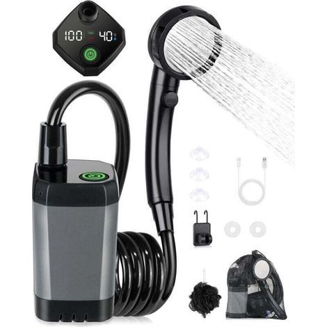 Kit Douche de Camping, Douche Portable,Pompe de Douche Électrique Rechargeable,Imperméable, avec Afficheur Intelligent et Pomme de Douche 4 Modes pour Extérieure,Camping,Randonnée (1/4)