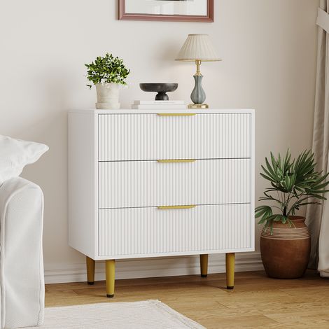 Commode moderne à 3 tiroirs rainurés – Grand meuble de rangement en bois avec poignées et pieds en métal doré – Élégant pour chambre, salon ou entrée – Assemblage facile-blanc (1/5)