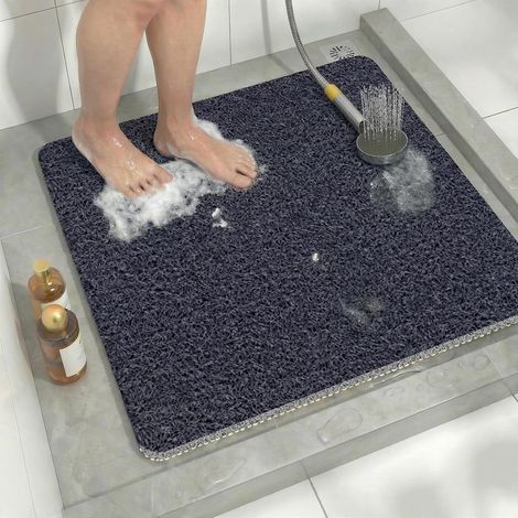 Tapis de douche carré en PVC texturé loofah antidérapant (60x60 cm, avec trous de drainage) - résistant à la moisissure, absorbant et à séchage ultra rapide (surface bleu foncé) (1/5)