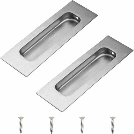 Juego de 2 tiradores rectangulares para puertas correderas en acero inoxidable plateado con orificio lateral empotrado. (1/4)