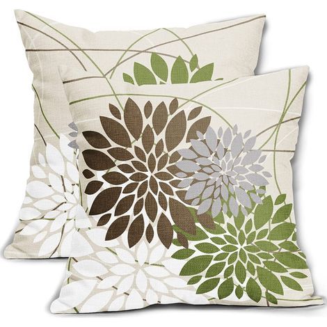 Taie d'oreiller vert brunâtre, 45 x 45 cm, motif dahlia, coussins élégants blancs et gris, décoration extérieure rustique, s'harmonise avec une décoration intérieure moderne. (1/5)