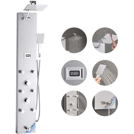 Adapté aux petits espaces : panneau de douche mural pour salle de bain en acier inox brossé 124 cm avec 6 jets réglables (1/5)