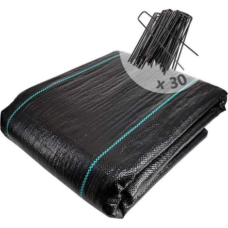 Mulchvlies mit 30 Heringen, 10 m x 2 m, aus gewebten Polypropylenfasern, UV-beständig, 100 g/m², reißfest, Befestigungsheringe inklusive.