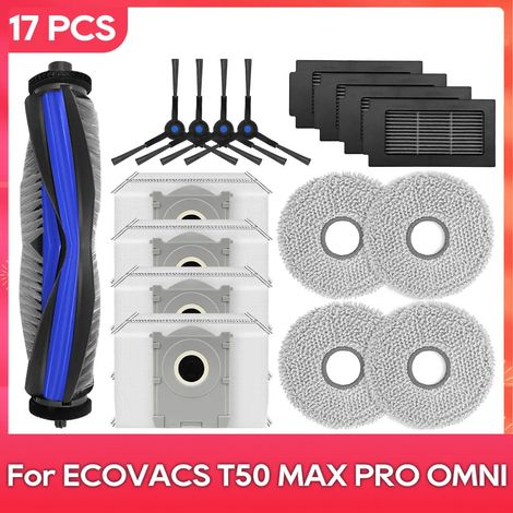 (Kit S) Compatible avec (ECOVACS T50 MAX PRO OMNI) Pièces de rechange et accessoires : brosse principale, chiffon de nettoyage, sac à poussière, filtre HEPA (1/4)
