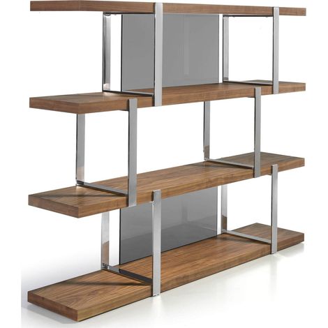 Étagère bois structure acier inoxydable chromé insert cristal translucide - Noyer (1/3)