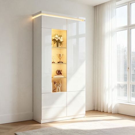 Vetrina con illuminazione led - 80x35x180 cm mobile alto per soggiorno con 4 ante - Moderno lucido mdf e vetro - Bianco (1/5)