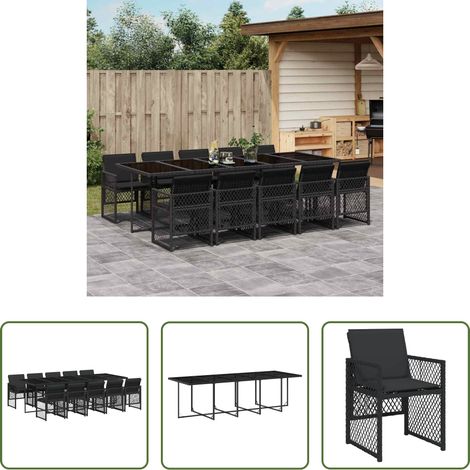 Gartenmöbel - 11-tlg. Garten-Essgruppe mit Kissen Schwarz Poly Rattan (1/5)