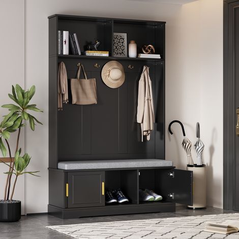 URBAN MEUBLE Vestiaire à l'entrée noir banc à chaussures porte manteau 120x40x191cm (1/5)