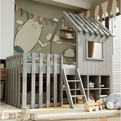 Letto bambini a casetta con contenitore legno grigio OKMYHOME (1/5)