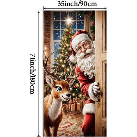 Décoration de porte de Noël, autocollant de porte, tissu décoratif à suspendre, toile de fond pour décoration de fête, décoration de porte de chambre - 90 x 180 cm (perforé + ruban) - 50
