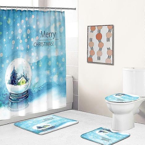 Ensemble de douche 4 pièces motif scène de Noël enneigée avec tapis antidérapant, couvre-abattant de toilette et tapis de bain, rideaux de douche de Noël avec boules de cristal et 12 crochets (1/5)