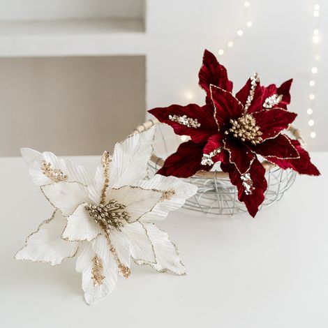 Colla in polvere di alta qualità per lavori artigianali (26 cm) - Fiori di Natale artificiali - Albero di Natale - Pendenti decorativi - Rosso vino e bianco