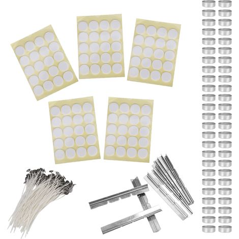 Set bestehend aus 260 Teilen: 100 weiße Wachsdochte 15 cm + 100 doppelseitige Aufkleber + 50 gelbe Aluminiumhülsen 14 g + 10 Kerzenhalter aus Edelstahl. (1/5)