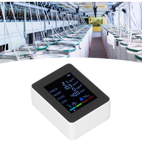 Moniteur de qualité de l'air multifonctionnel 6 en 1 avec capteur infrarouge PM2.5 et détecteur de CO2, rechargeable par USB, blanc (1/5)