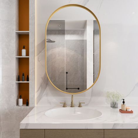 Miroir ovale mural avec armoire murale à cadre métallique, étagères réglables, rangement intégré pour salle de bain, salon et chambre, miroir Décoratif, doré