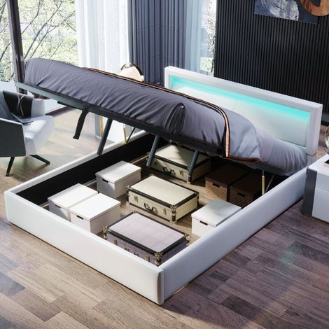 Lit coffre LED 140x190 cm blanc avec sommier à lattes et tête de lit