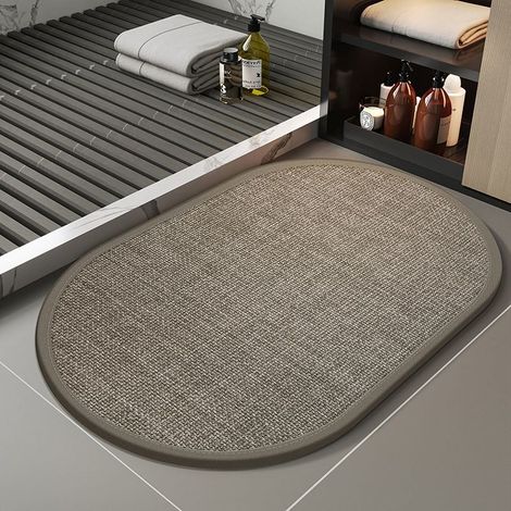 Tapis de sol en lin et terre de diatomée – Absorbant, antidérapant et séchage rapide – Style minimaliste pour salle de bain et entrée – Forme ovale, motif bois de santal, couleur café clair – 60 x 90