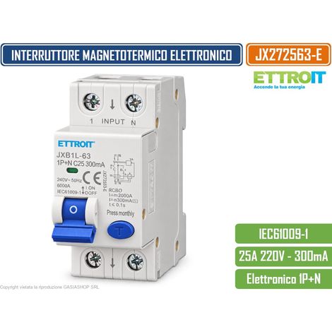 ETTROIT JX272563-E INTERRUTTORE MAGNETOTERMICO DIFFERENZIALE SALVAVITA ELETTRONICO RCBO 1P+N 25A C25 300MA 6KA 240V 2 MODULI DIN (1/4)