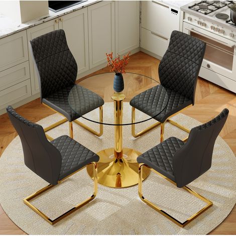 Runder Esstisch aus gehärtetem Glas 85 cm mit 4 schwarzen und goldenen Stühlen HAVRYA (1/5)