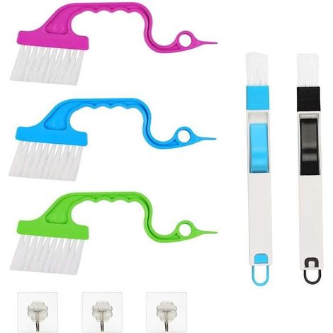 Brosse de nettoyage de vitres,2 Brosses à Rainure avec Pelle et 3 Brosses de Nettoyage pour Fenêtre Porte Coulissante Outil Clavier (1/4)