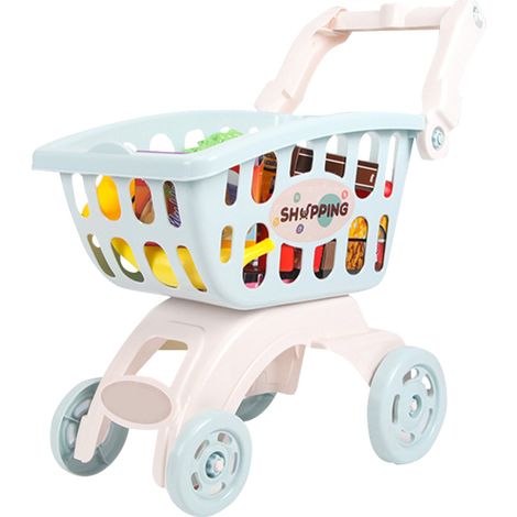 1 chariot de courses pour enfants, jouet éducatif en plastique, 44 x 24 x 46,5 cm, apprentissage des aliments et fruits, bleu (1/5)