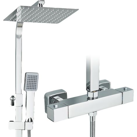 Thermostatique Colonne de Douche Chromé avec Mélangeur Réglable en Hauteur Ensemble de Douche 25x25cm Pluie Pommeau de Douche Carré avec Douchette à Main Acier Inoxydable (1/5)