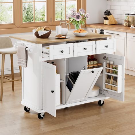 Küchenwagen – 131 x 46 x 93 cm – Abnehmbare Kücheninsel mit ausziehbarer Arbeitsplatte und Abfallbehälterfach – Weiß und Natur (1/5)