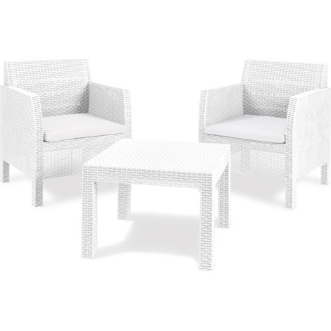 Toomax Set Salotto da giardino Matilde 2 posti bianco, in plastica resistente effetto rattan, 2 poltrone con schienale ergonomico e 1 tavolino, ideale per spazi esterni