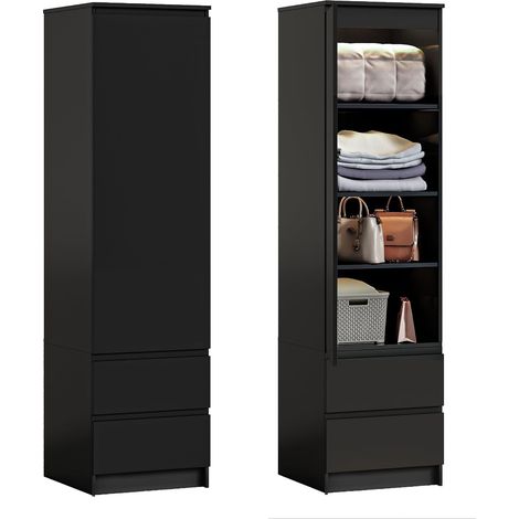 WUMAGIN - Armoire de chambre - Bois massif- Avec 2 tiroirs - Porte simple - Design moderne - 33x40x180cm - Pour Chambre, salon, entrée - Noir (1/5)