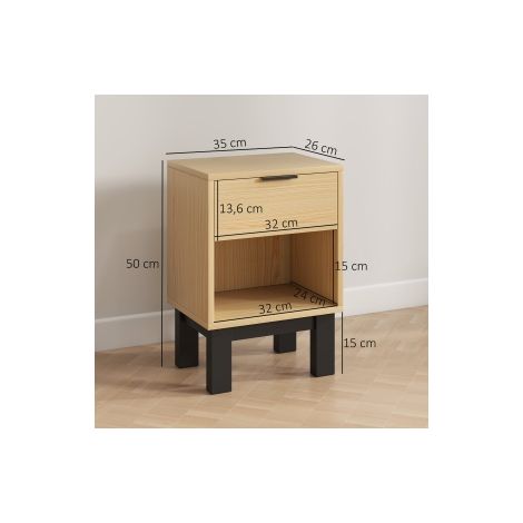 Table de chevet couleur chêne avec tiroir et niche ouverte, 35 x 26 x 50 cm, pour chambre et salon (1/5)