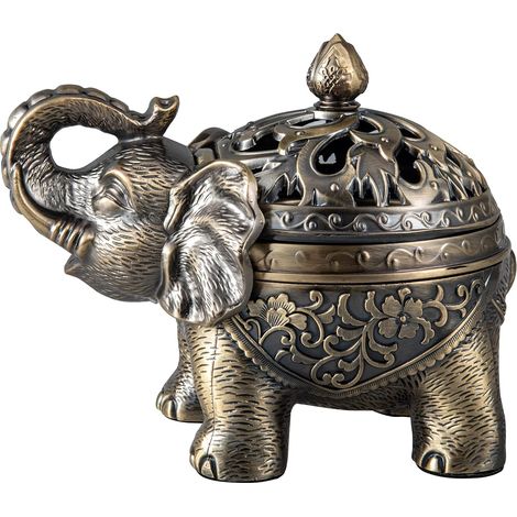 Brûleur d'encens vintage en métal JeiibrZui en forme d'éléphant - 16 x 10 x 13 cm - 1 pièce avec couvercle - Couleur argentée - Décoration pour la maison ou le yoga (1/5)
