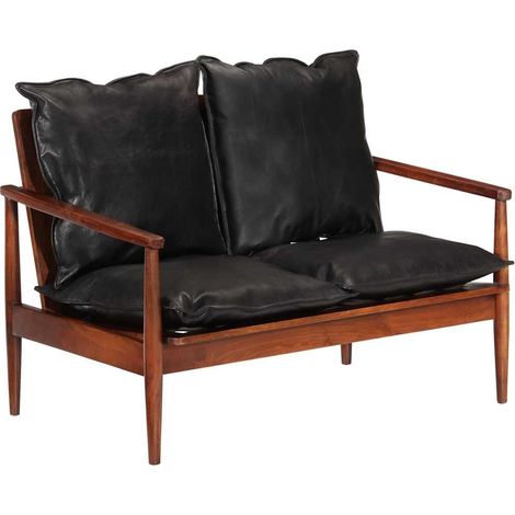 vidaXL Canapé 2 places noir cuir véritable et bois d'acacia solide (1/5)