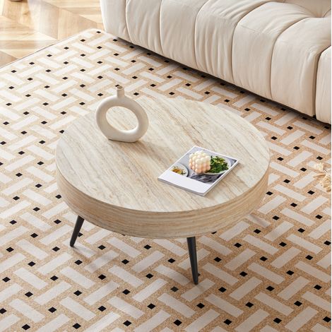 Couchtisch Ø70x35.5 cm Schwarz/Hellholz in MDF und Metall mit Travertin-Optik und verstellbaren Füßen (1/5)
