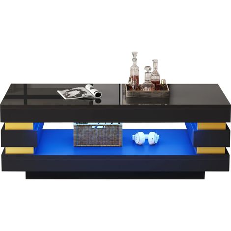 Table basse,Table de salon Noir avec éclairage LED,Rangement central évidé,Surface brillant,APP Contrôle (1/5)