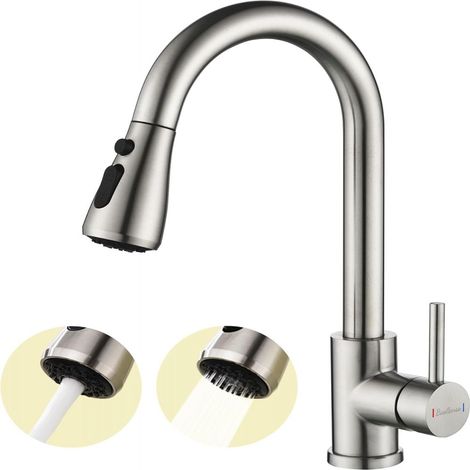 Robinet De Cuisine Extractible - 3 Fonctions Jet Pulvérisation Pause - Rotation 360° - Acier Inoxydable 304 - Hauteur Totale 36 Cm - 1 Pièce