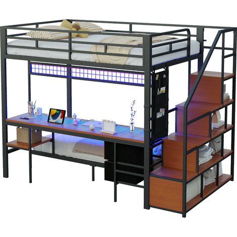 Lit mezzanine 140x200 avec couchage bas 90x200, bureau LED, prises, rangements en tissu, noir, pour chambre compacte au design moderne - CHICFURN (1/5)