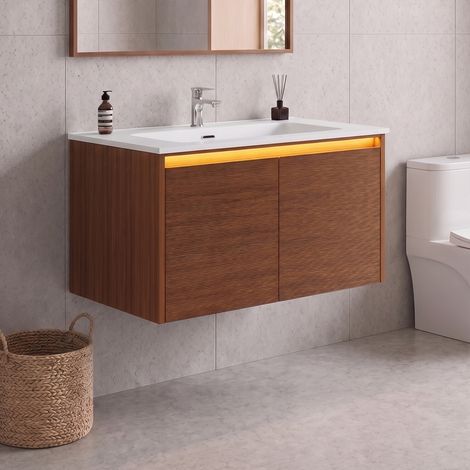 SONNI Badmöbel-Set mit Waschbecken aus Quarz-Kunststein, LED-Sensorbeleuchtung und Türen mit Push-Open-Mechanismus, 790 × 495 × 450 mm (1/5)