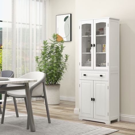 Buffet haut armoire de cuisine 4 portes dont 2 portes vitrées et 1 tiroir hauteur 160 cm avec étagères en bois blanc