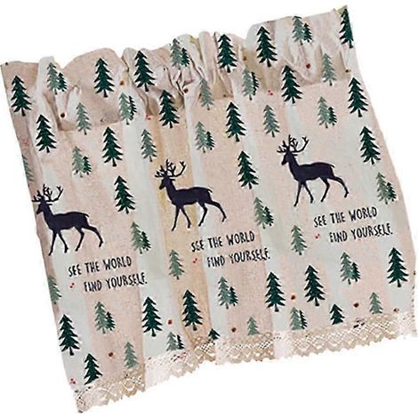 Rideau de fenêtre de café semi-transparent, rideau de cuisine à franges, motif fée de la forêt - 74 x 61 cm-Elk - 74x61cm (1/5)