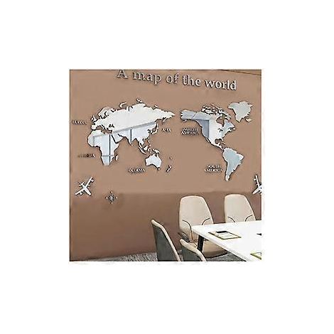 Acryl-Wandaufkleber 3D-Weltkarte Wandspiegelaufkleber für Büro, Arbeitszimmer, Wohnzimmer, Schlafzimmer Silber