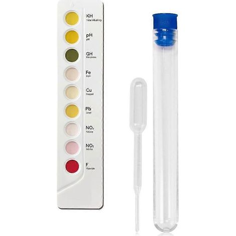 Kit d'analyse d'eau potable 9 en 1 : pH/KH/GH/Fe/Cu/Pb/NO3/NO2/F, chlore, pH-mètre. (1/5)