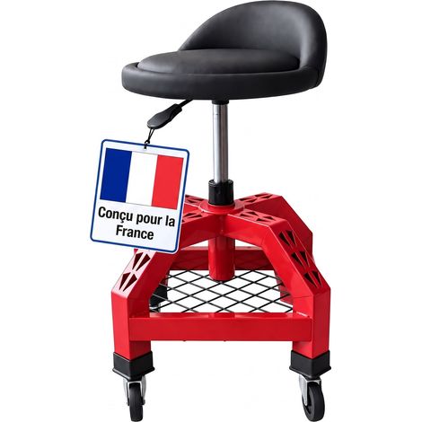 Relaxdays Tabouret d'atelier à roulettes, réglable, 136 kg, 50 x 40 x 40 cm, vérin à gaz, métal, rouge (1/5)